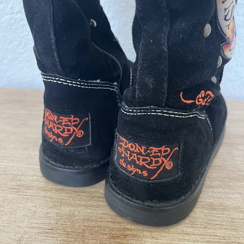 Vintage Ed Hardy Womens 5 Tall Black Suede Geisha Studded Boots Y2K Tattoo Rare